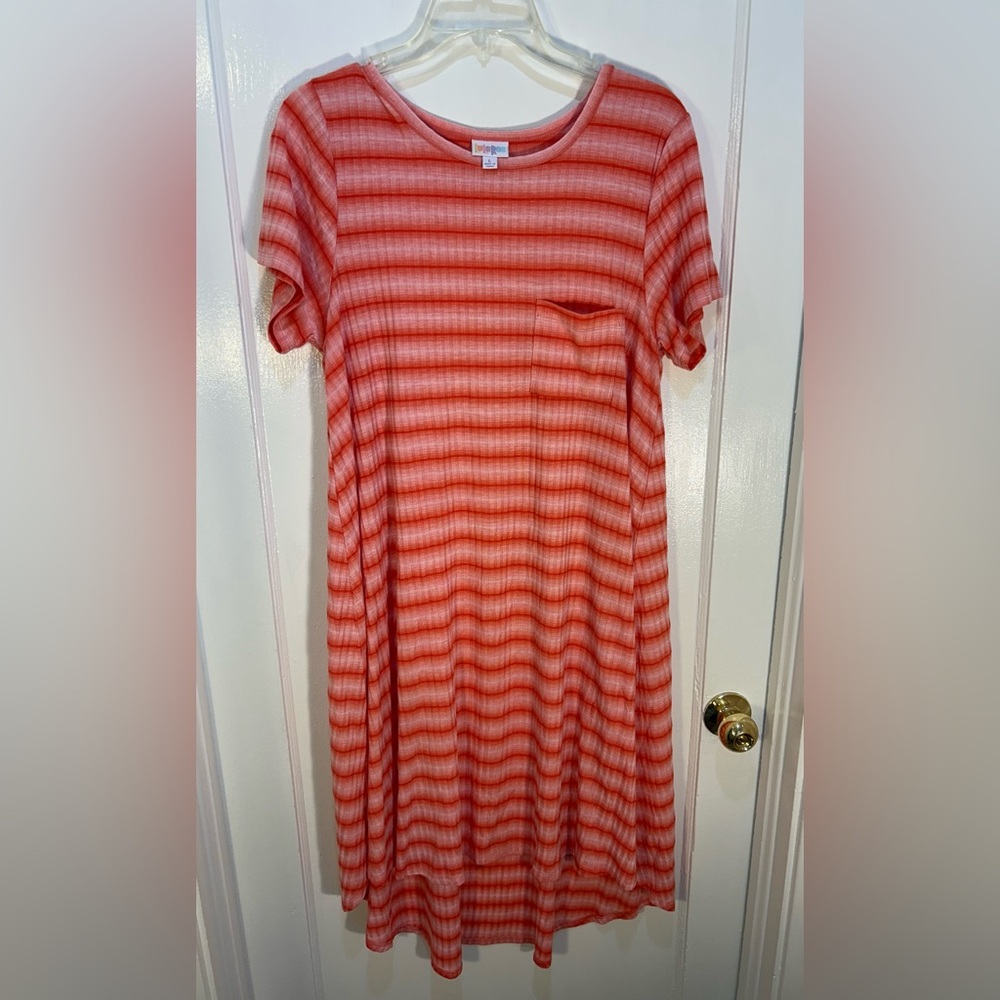 LuLaRoe Women's L Tee Shirt Dress Pinkish/Peach Horzontal Stripes Breast Pocket